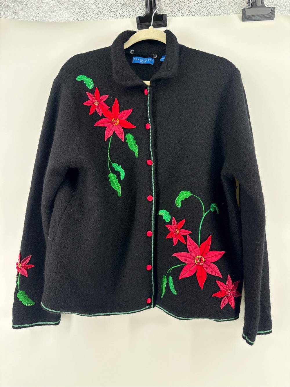 Karen Scott Black Cardigan with Red Poinsettia Embroidery